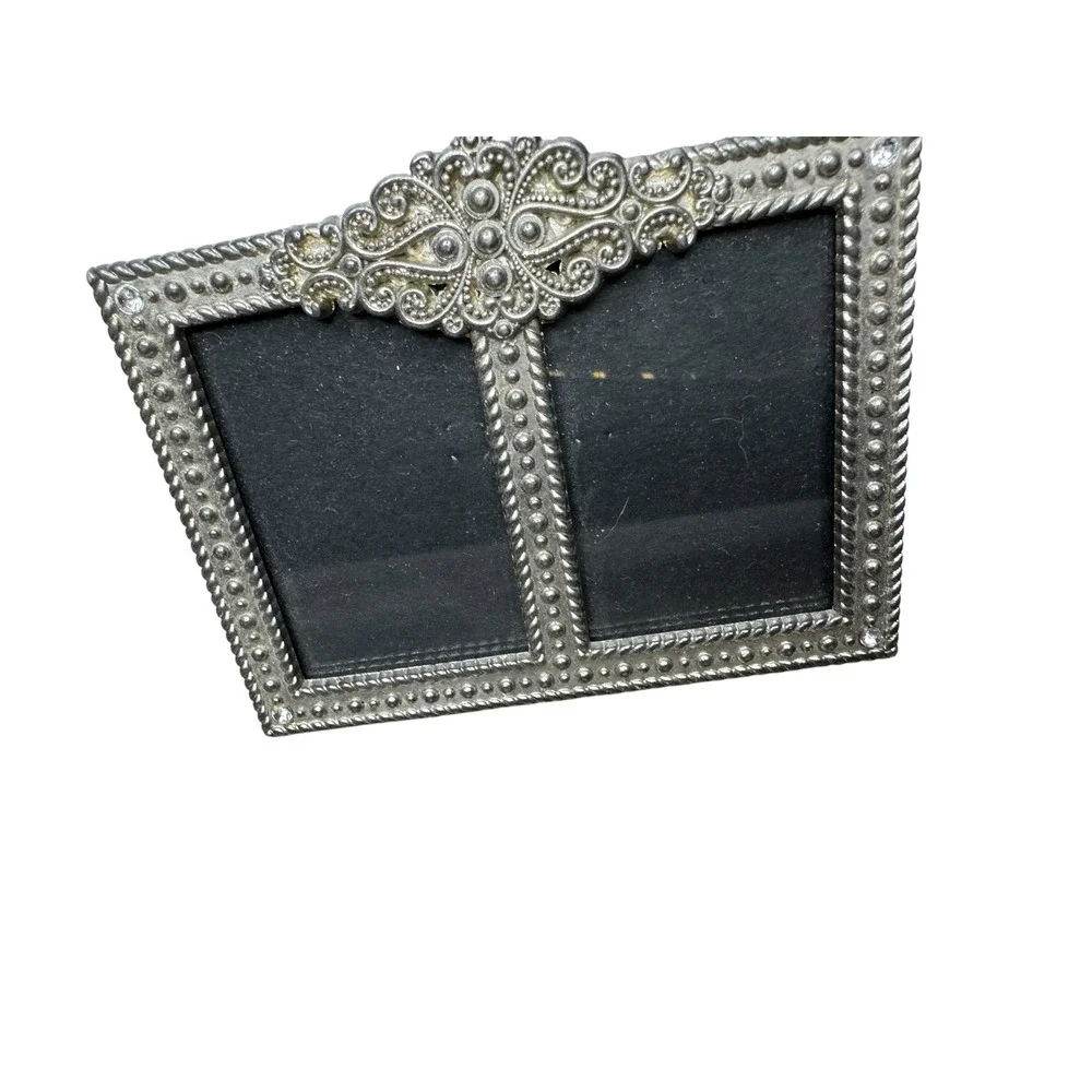 Vintage Silver Ornate Double Picture Frame Beaded Rhinestone 2.75x3.75 Mini